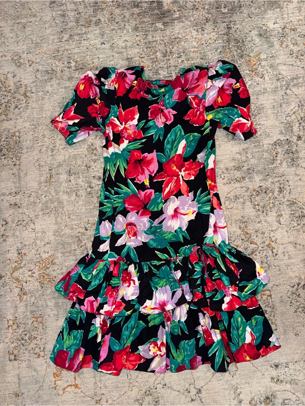 Women’s Vintage Black Floral Ruffle Dress - Vibrant Pink & Green Print Shoulder
